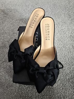 Journee Collection Black Satin Bow Pointed Mules